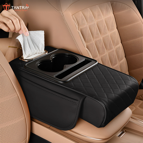 TANTRA Premium Car Armrest Cushion Organizers, 5-in-1 Center Console Cover with 2 Storage Bags Cup Holder, Tissue Box Slot, Phone Slot for Sedans, Car Accessories Interior Organizers (Black)
