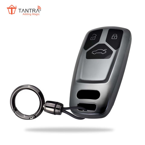 TANTRA TPU Key Cover and Round Key Chain Compatible with Audi Q5, A5, A8, Q7, A4, A6 3 Button Flip Key (Grey)