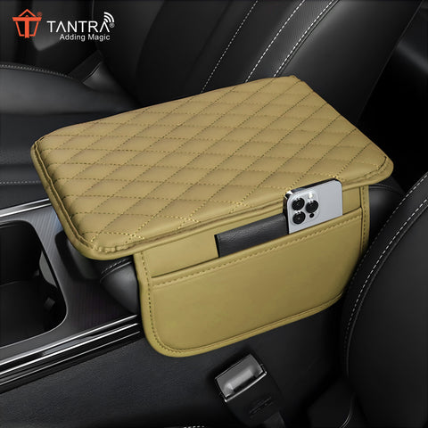 TANTRA Car Armrest Cover Cushion with 2 Storage Bags - Soft, Comfortable, Non-Slip Protector for Vehicle Center Console - Waterproof, Durable, and Stylish ( Beige)