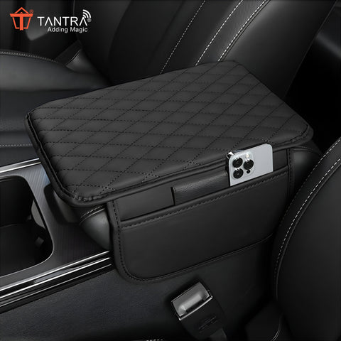 TANTRA  Car Armrest Cover Cushion with 2 Storage Bags - Soft, Comfortable, Non-Slip Protector for Vehicle Center Console - Waterproof, Durable, and Stylish (Black)