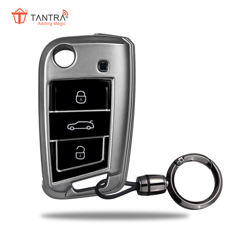 TANTRA TPU Key Cover and Round Key Chain Compatible with Skoda & Volkswagen Cars Kylaq | Slavia | Kushaq | Octavia | Virtus | Taigun | Tiguan | T ROC 3 Button Flip Key (Grey)