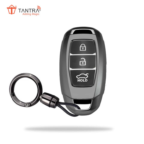 TANTRA TPU Key Cover and Round Key Chain Compatible with Hyundai Verna | Kona | i20 3Button Flip Key (Grey)
