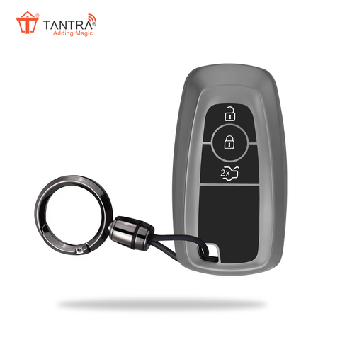 TANTRA TPU Key Cover and Round Key Chain Compatible With Endeavour | Figo | Aspire | Freestyle Titanium 3 Button Flip Key (Grey)