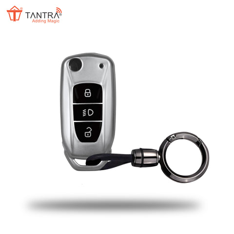 TANTRA TPU Key Cover and Round Keychain Compatible With Tata Nexon | Altroz | Tiago | Punch | Harrier | Safari | Tigor 3 Button Flip Key Cover (Grey)