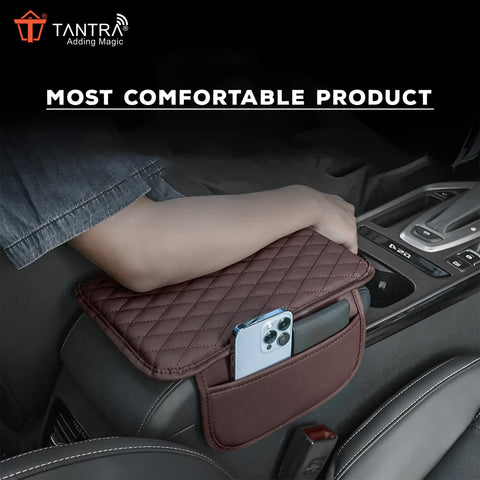 TANTRA car Armrest Cover Cushion with 2 Storage Bags - Soft, Comfortable, Non-Slip Protector for Vehicle Center Console - Waterproof, Durable, and Stylish (Brown)