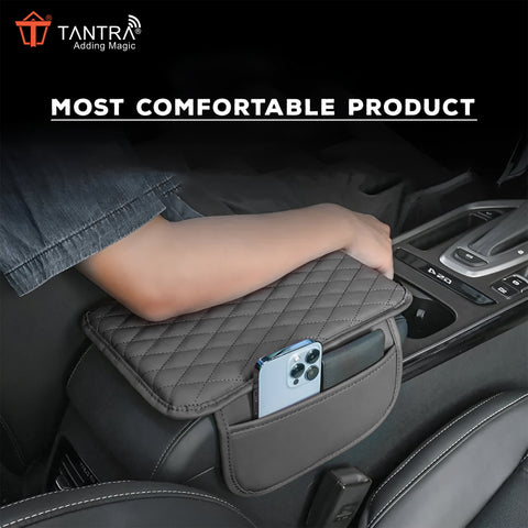 TANTRA Car Armrest Cover Cushion with 2 Storage Bags - Soft, Comfortable, Non-Slip Protector for Vehicle Center Console - Waterproof, Durable, and Stylish (Grey)