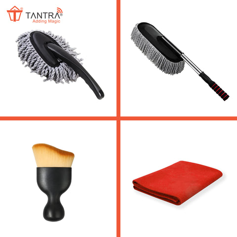 TANTRA Car Cleaning Brush Set - Includes Microfiber Cloth & 3 Types of Brushes for Interior & Exterior Care
