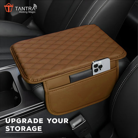TANTRA Car Armrest Cover Cushion with 2 Storage Bags - Soft, Comfortable, Non-Slip Protector for Vehicle Center Console - Waterproof, Durable, and Stylish ( Tan )