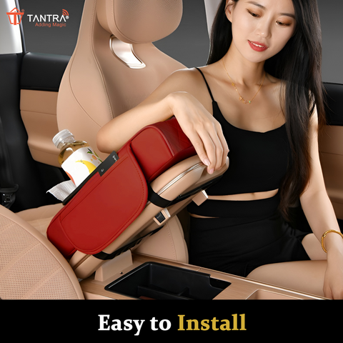 TANTRA Premium Car Armrest Cushion Organizers, 5-in-1 Center Console Cover with 2 Storage Bags Cup Holder, Tissue Box Slot, Phone Slot for Sedans, Car Accessories Interior Organizers (Red)