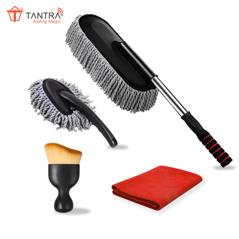 TANTRA Car Cleaning Brush Set - Includes Microfiber Cloth & 3 Types of Brushes for Interior & Exterior Care