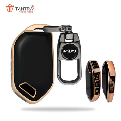 TANTRA TPU Key Cover and Metal Key Chain Compatible With Kia Carnival 7 Button Flip Key (Black)