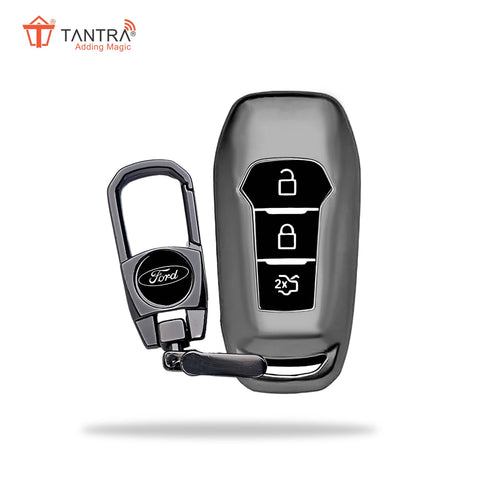 TANTRA TPU Key Cover and Metal Key Chain Compatible with Endeavour  Figo Aspire, Freestyle 3 Button Flip Key (Grey)