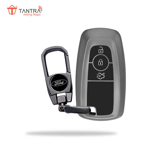 TANTRA TPU Key Cover and Metal Key Chain Compatible With Endeavour | Figo | Aspire | Freestyle Titanium 3 Button Flip Key (Grey)