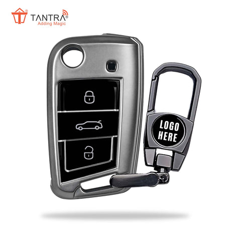 TANTRA TPU Key Cover and Metal Key Chain Compatible with Skoda & Volkswagen Cars Kylaq | Slavia | Kushaq | Octavia | Virtus | Taigun | Tiguan | T ROC 3  Button Flip Key (Grey)