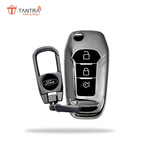 TANTRA TPU Key Cover and Metal Key Chain Compatible with Endeavour, Figo Aspire, Freestyle 2017, 2018, 2019 3 Button Flip Key (Grey)
