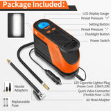 TANTRA MTS-36 Tire Inflator Portable Air Compressor, 12V DC 150PSI Tire Pump with Digital Pressure Gauge and LED Light, Auto Shut Off, Orange