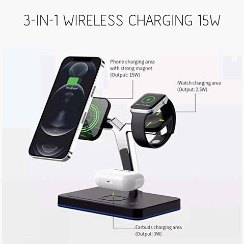TANTRA Fast Wireless Charger 3in1 Qi Certified 15W Type-C PD Compatible with iWatch SE 6/5/4/3/2/1, AirPods 2/ Pro, iPhone Series 12/11/X/XR/XS/8/Samsung Galaxy (No AC Adapter)