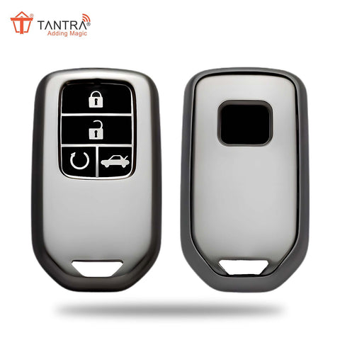 TANTRA TPU Key Cover and Round Key Chain Compatible With Honda Amaze | City | Civic 2023 2024 4 Button Flip Key (Grey)