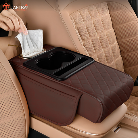 TANTRA Premium Car Armrest Cushion Organizers, 5-in-1 Center Console Cover with 2 Storage Bags Cup Holder, Tissue Box Slot, Phone Slot for Sedans, Car Accessories Interior Organizers (Brown)