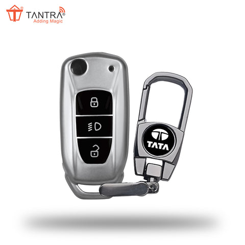 TANTRA TPU Key Cover and Metal Keychain Compatible for Tata Nexon | Altroz | Tiago | Punch | Harrier | Safari | Tigor 3 Button Flip Key Cover (Grey)