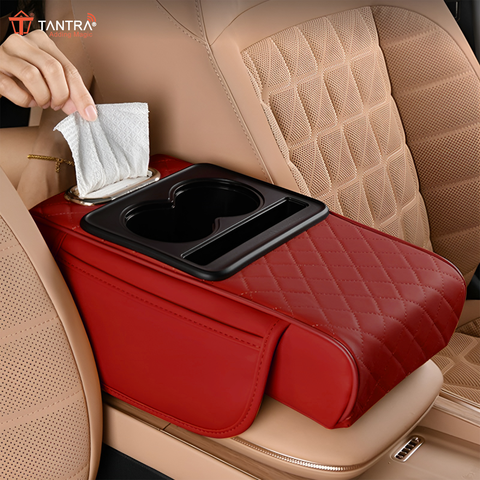 TANTRA Premium Car Armrest Cushion Organizers, 5-in-1 Center Console Cover with 2 Storage Bags Cup Holder, Tissue Box Slot, Phone Slot for Sedans, Car Accessories Interior Organizers (Red)