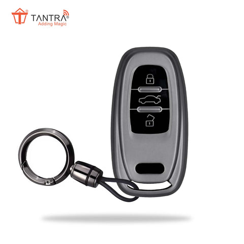 TANTRA TPU Key Cover and Round Key Chain Compatible with Audi A4, A6, A8L, Q5, A5, A7, A8, S5, S7 3 Button Flip Key (Grey)