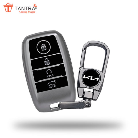 TANTRA TPU Key Cover and Metal Keychain Compatible for Kia Seltos, Sonet, Carens, Carnival 4 Button Smart Key (Hold Button Down) (Grey)