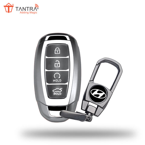 TANTRA TPU Key Cover and Metal Keychain Compatible for Hyundai Verna 2023 Car 4 Button Smart Key (Grey)