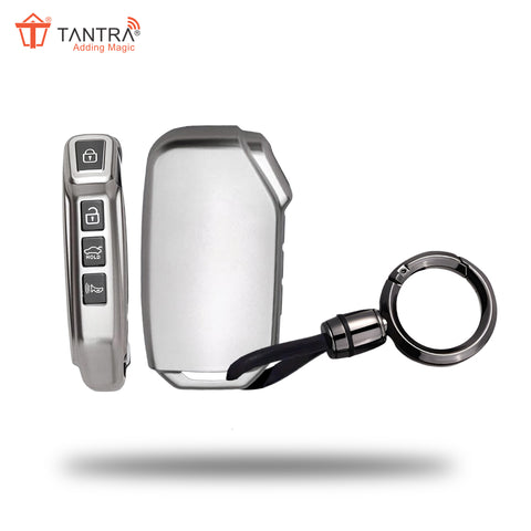 TANTRA TPU Key Cover and Round Keychain Compatible for Kia Seltos 2023 Facelift HTX | Carens X Line 4 Button Smart Key (Grey)