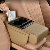 TANTRA Premium Car Armrest Cushion Organizers, 5-in-1 Center Console Cover with 2 Storage Bags Cup Holder, Tissue Box Slot, Phone Slot for Sedans, Car Accessories Interior Organizers (Beige)