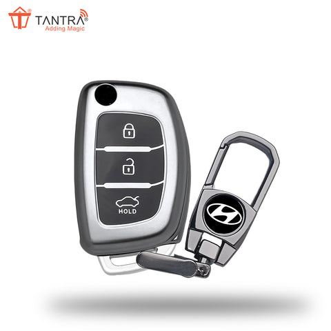 TANTRA TPU Key Cover and Metal Keychain Compatible for Hyundai i 20, Xcent,Verna Flude 3 Button Flip Smart Key Cover Grey