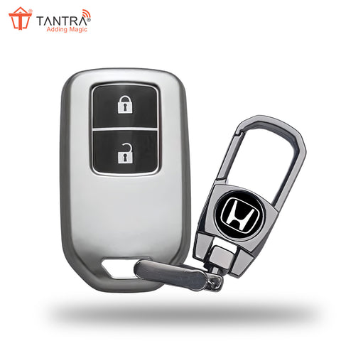 TANTRA TPU Key Cover and Metal Keychain Compatible for Honda BRV | WRV | CRV | Jazz | City 2 Button Smart Key (Grey)