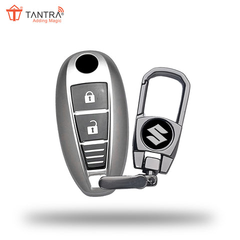 TANTRA TPU Key Cover and Metal Keychain Compatible for Maruti Suzuki Baleno | Ciaz | Swift | Ertiga | Ignis | Ritz | S-Cross | SX4 | Vitara Brezza 2 Button Smart Key Cover (Grey)