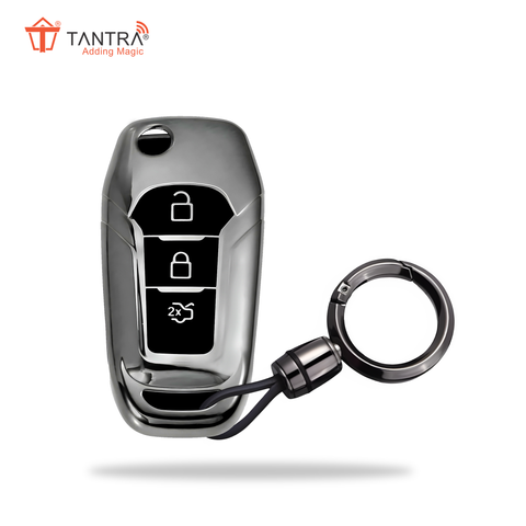 TANTRA TPU Key Cover and Round Key Chain Compatible with Endeavour, Figo Aspire, Freestyle 2017, 2018, 2019 3 Button Flip Key (Grey)