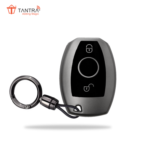 TANTRA TPU Key Cover and Round Key Chain Compatible with Mercedes Benz A B C E G K R S Class AMG with 2 Button Flip Key (Grey)