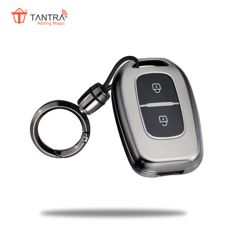 TANTRA TPU Key Cover and Round Key Chain Compatible with Renault Kwid Duster Kiger Triber 2 Button Flip Key (Grey)