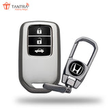 TANTRA TPU Key Cover and Metal Keychain Compatible for Honda City, Civic, Jazz, Amaze, CR-V, BR-v, WR-V with 3 Button Smart Key (Grey)