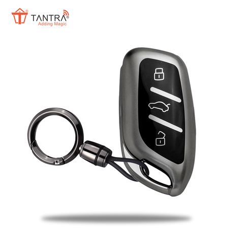 TANTRA TPU Key Cover and Round Key Chain Compatible with MG ZS EV Electric | Astor 3 Button Flip Key (Grey)