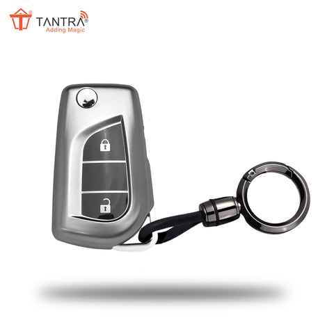 TANTRA TPU Key Cover and Round Keychain Compatible for Toyota Corolla | Altis | Innova Crysta 2 Button Car Smart Key (Grey)