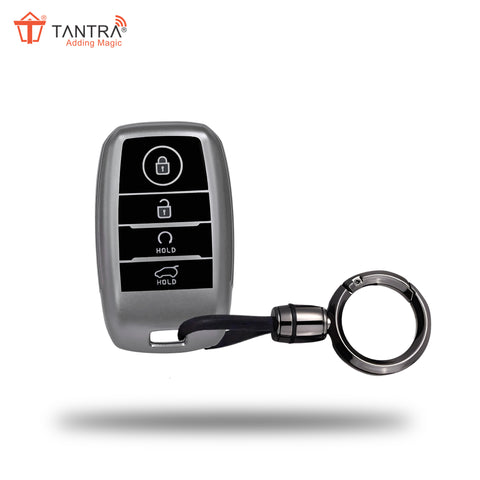 TANTRA TPU Key Cover and Round Keychain Compatible for Kia Seltos, Sonet, Carens, Carnival 4 Button Smart Key (Hold Button Down) (Grey)