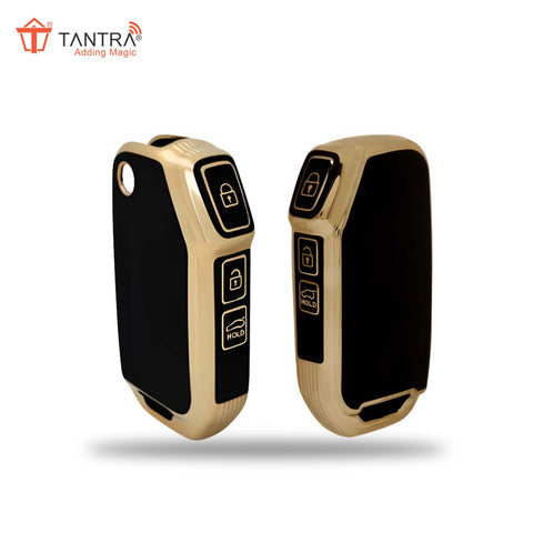 TANTRA TPU Key Cover and Round Key Chain Compatible With Kia Seltos 2023 2024 HTE 3 Button Flip Key (Black)