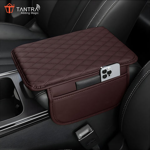 TANTRA car Armrest Cover Cushion with 2 Storage Bags - Soft, Comfortable, Non-Slip Protector for Vehicle Center Console - Waterproof, Durable, and Stylish (Brown)