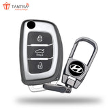 TANTRA TPU Key Cover and Metal Keychain Compatible for Hyundai i 20, Xcent,Verna Flude 3 Button Flip Smart Key Cover Grey