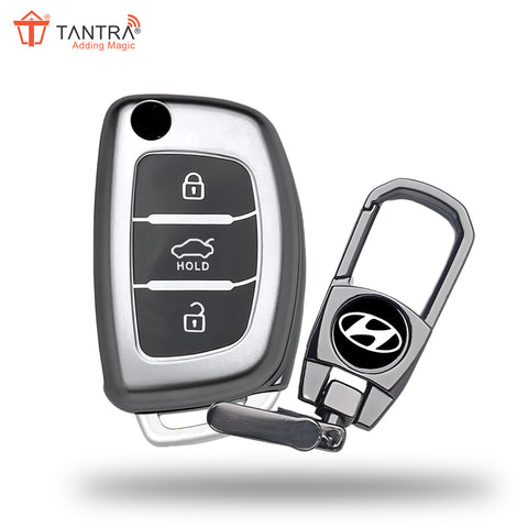 TANTRA TPU Key Cover and Metal Keychain Compatible for Hyundai i 20, Xcent,Verna Flude 3 Button Flip Smart Key Cover Grey