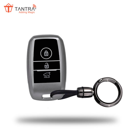 TANTRA TPU Key Cover and Round Keychain Compatible for Kia Sonet | Carens | Seltos 3 Button Smart Key (Grey)