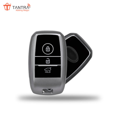 TANTRA TPU Key Cover and Metal Keychain Compatible for Kia Sonet | Carens | Seltos 3 Button Smart Key (Grey Pack of 1)