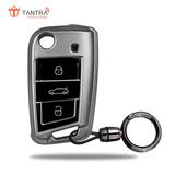 TANTRA TPU Key Cover and Round Key Chain Compatible with Skoda & Volkswagen Cars Kylaq | Slavia | Kushaq | Octavia | Virtus | Taigun | Tiguan | T ROC 3  Button Flip Key (Grey)