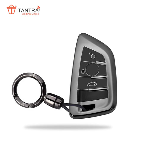 TANTRA TPU Key Cover and Round Key Chain Compatible with BMW X4, X3, 5 Series, 6 Series, 3 Series, 7 Series 3 Button Flip Key (Grey)