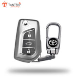 TANTRA TPU Key Cover and Metal Keychain Compatible for Toyota Corolla | Altis | Innova Crysta 3 Button Car Smart Key (Grey)