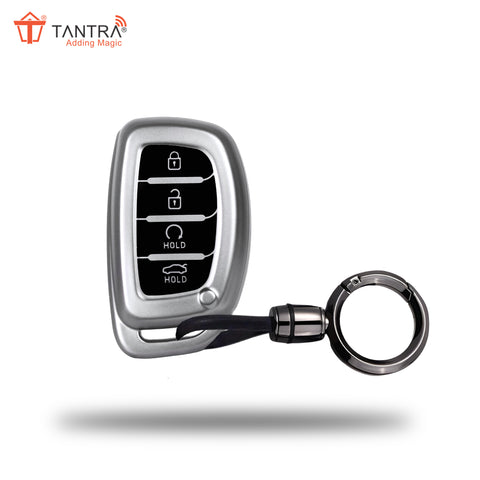 TANTRA TPU Key Cover and Round Keychain Compatible for Hyundai Alcazar and Creta 2021 2022 & 2023 Car 4 Button Smart Key Grey